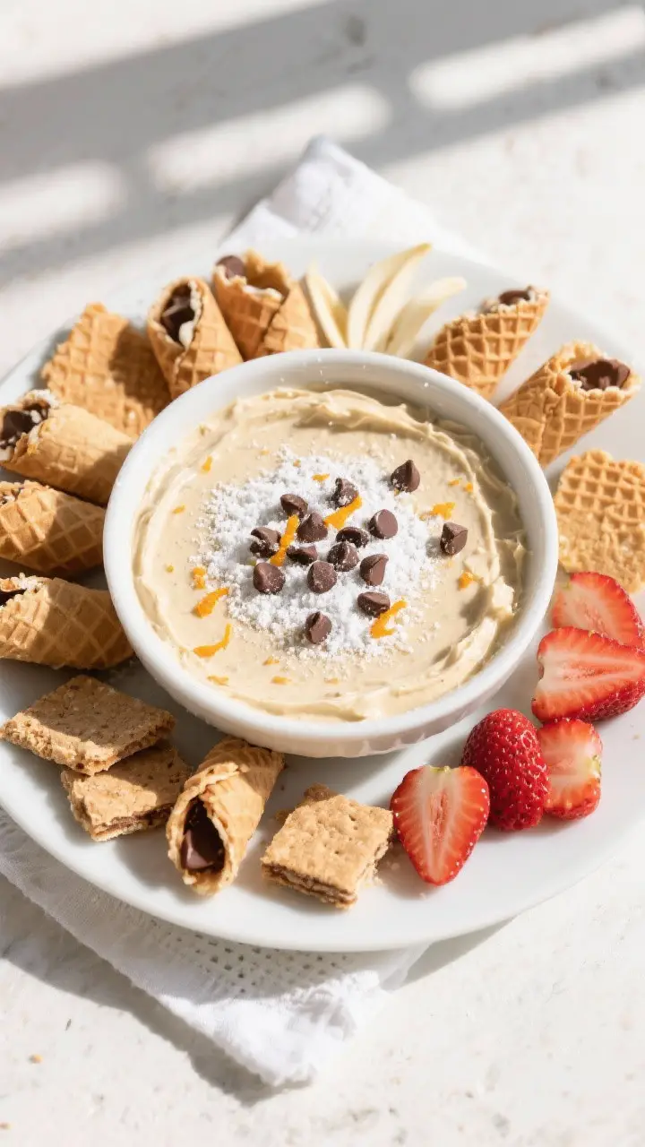 Tasty top view: Overhead shot of a chilled cannoli dip spread in a low, wide white serving bowl, top