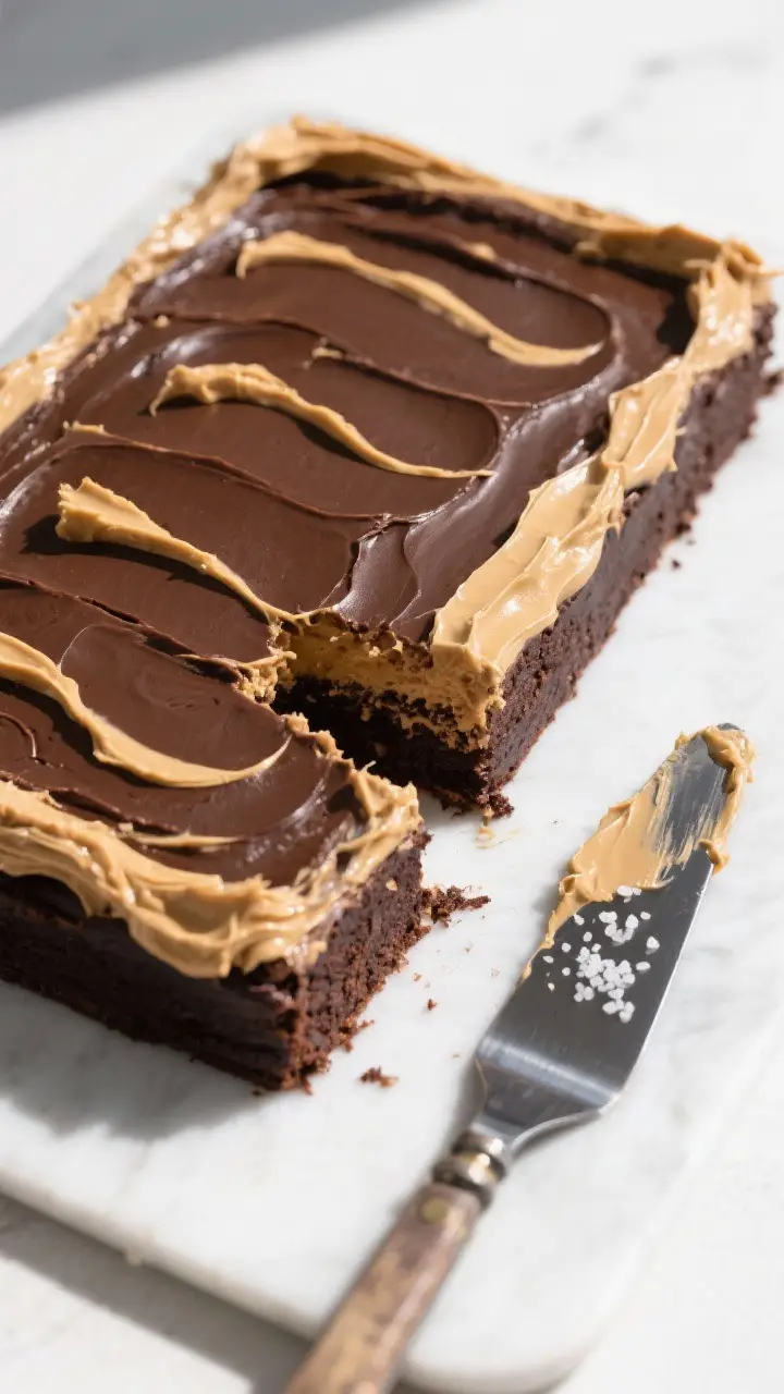 Tasty top view: Overhead shot of a cooled 9x13 chocolate sheet cake evenly frosted with peanut butte
