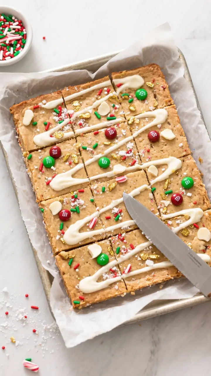 Tasty top view: Overhead shot of a cooled slab lifted from the pan via parchment overhang, being sli