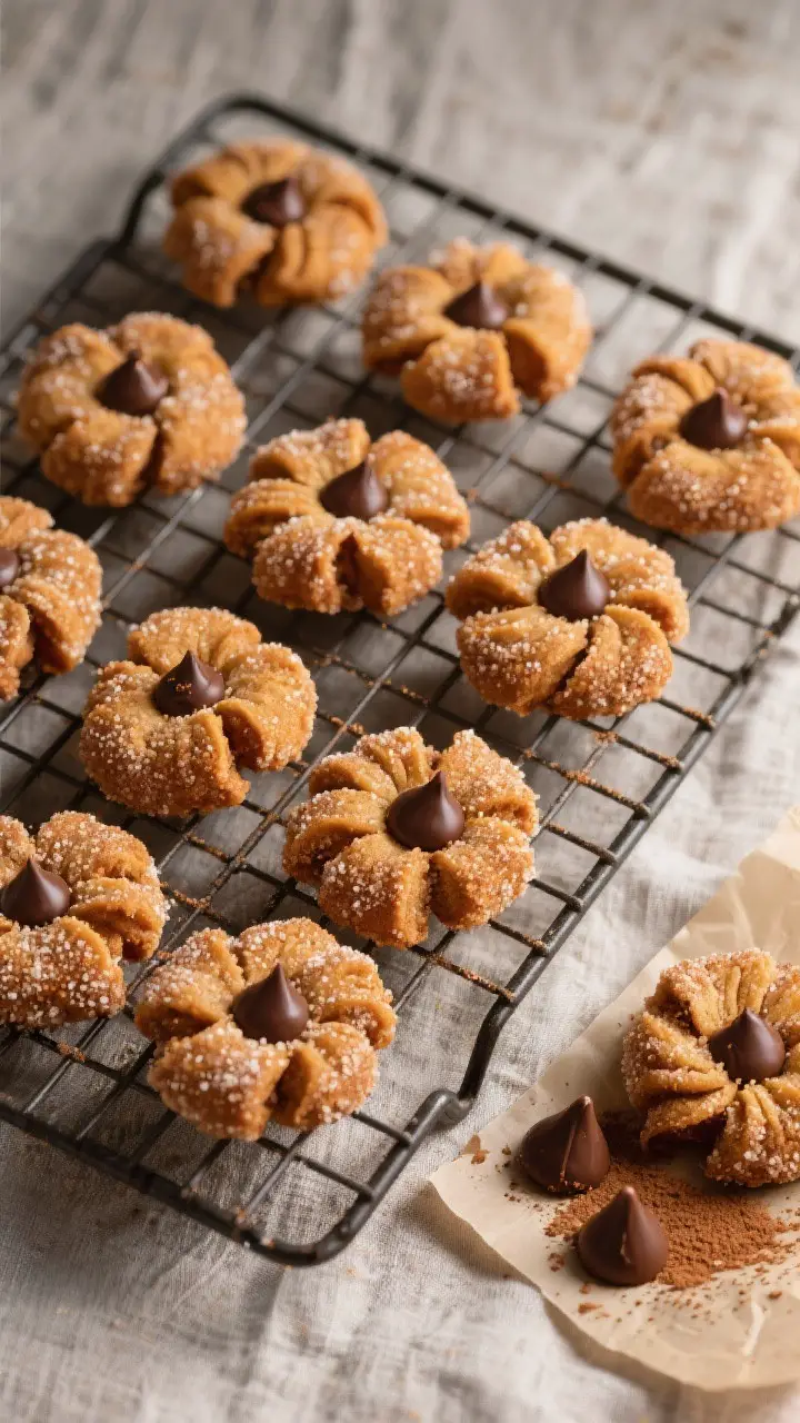 Tasty top view: overhead shot of a cooling rack filled with Pumpkin Blossom Cookies rolled in turbin