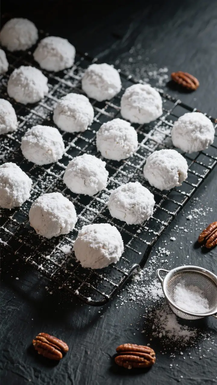 Tasty top view: Overhead shot of a cooling rack filled with fully cooled pecan snowball cookies afte