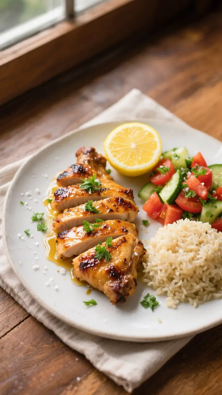 Tasty top view: Overhead shot of a final plated dinner—sliced grilled chicken thighs fanned on a m