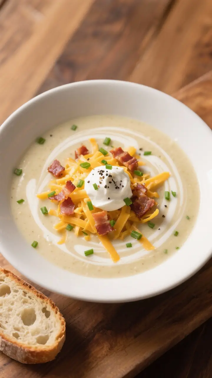 Tasty top view: Overhead shot of a finished bowl of creamy potato soup with a marbled swirl of half-