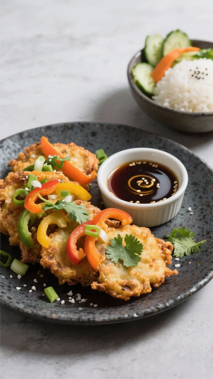 Tasty top view: Overhead shot of a finished platter of Foo Yong fritters arranged in a slight overla