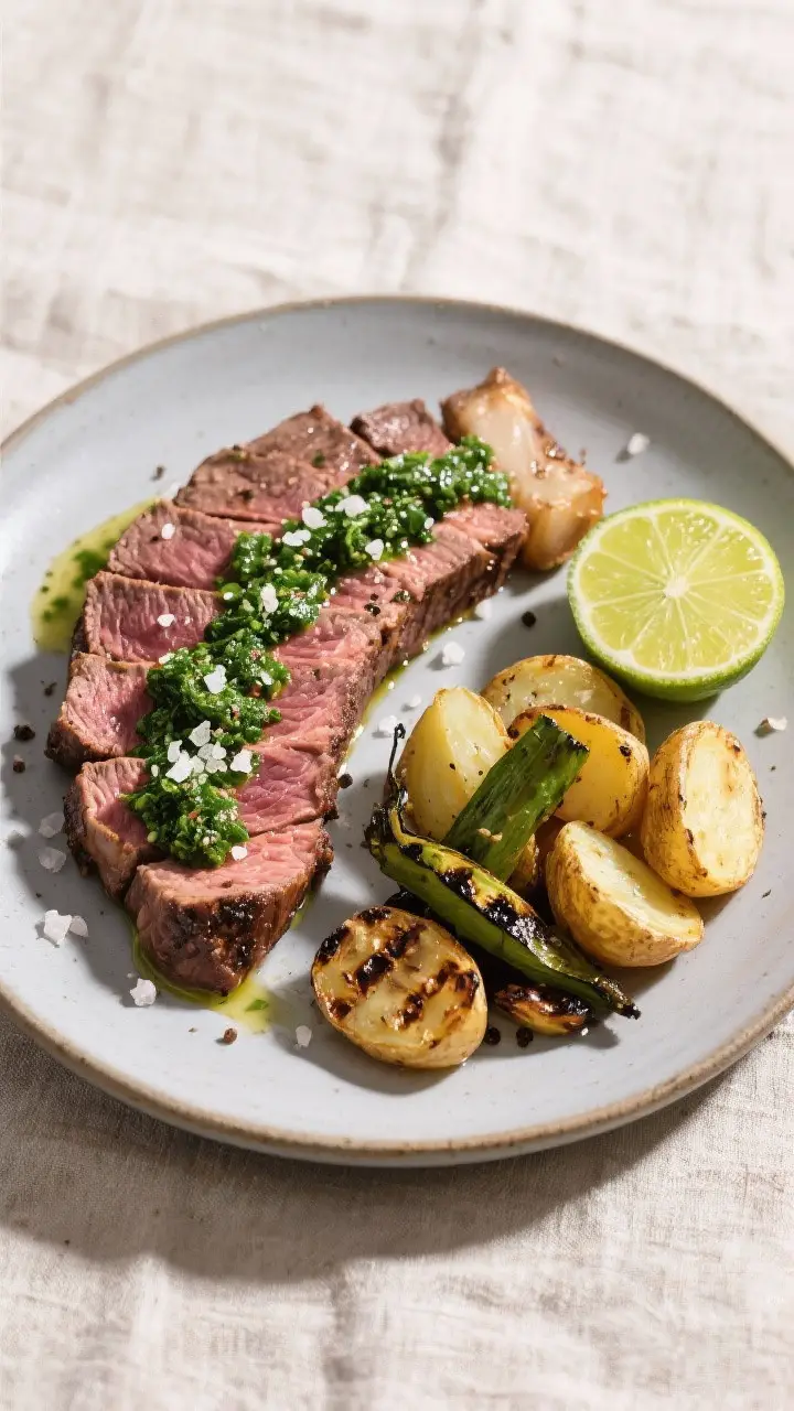 Tasty top view: Overhead shot of a finished smoked flank steak dinner plate—sliced medium-rare ste