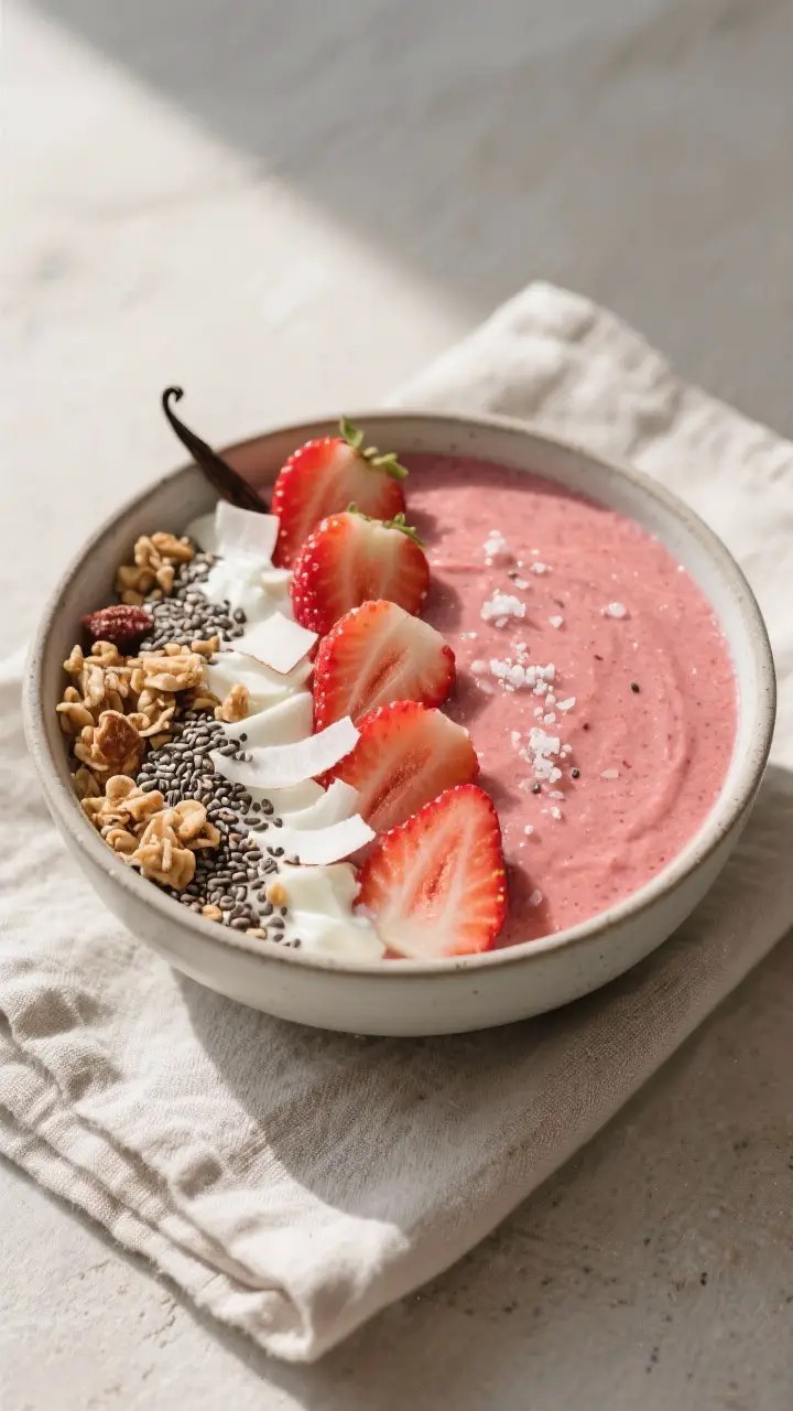 Tasty top view: Overhead shot of a finished strawberry smoothie bowl made ultra-thick (frozen strawb