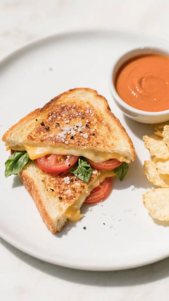 Tasty top view: Overhead shot of a finished Tomato Basil variation—Monterey Jack grilled cheese cu