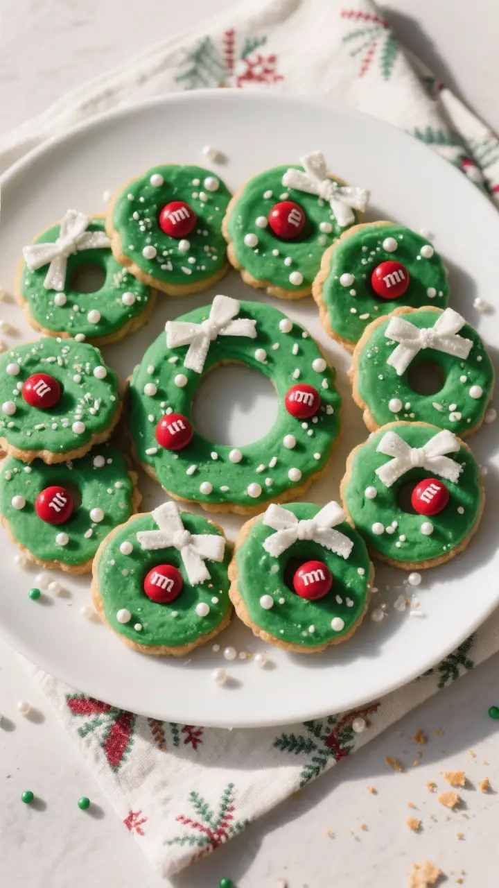 Tasty top view: Overhead shot of a full platter of finished Christmas Wreath Cookies arranged in con
