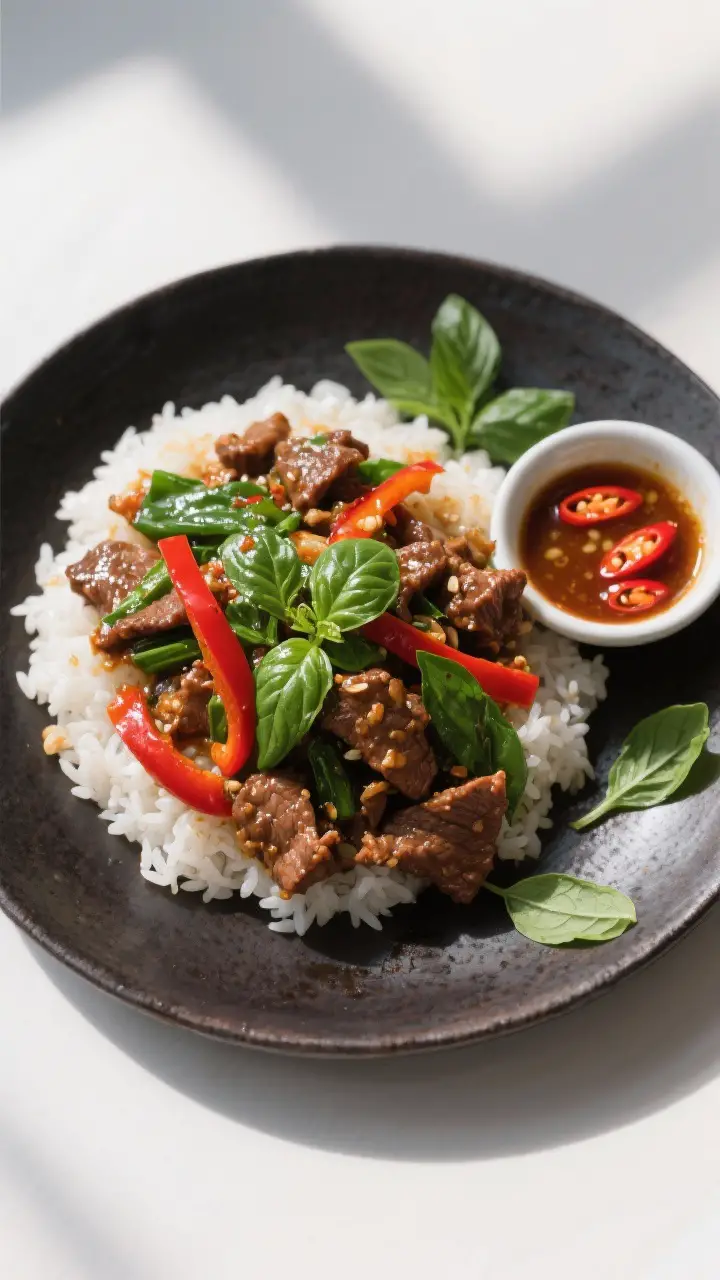 Tasty top view: Overhead shot of a generously sauced, slightly glossy Pad Gra Prow spread over jasmi