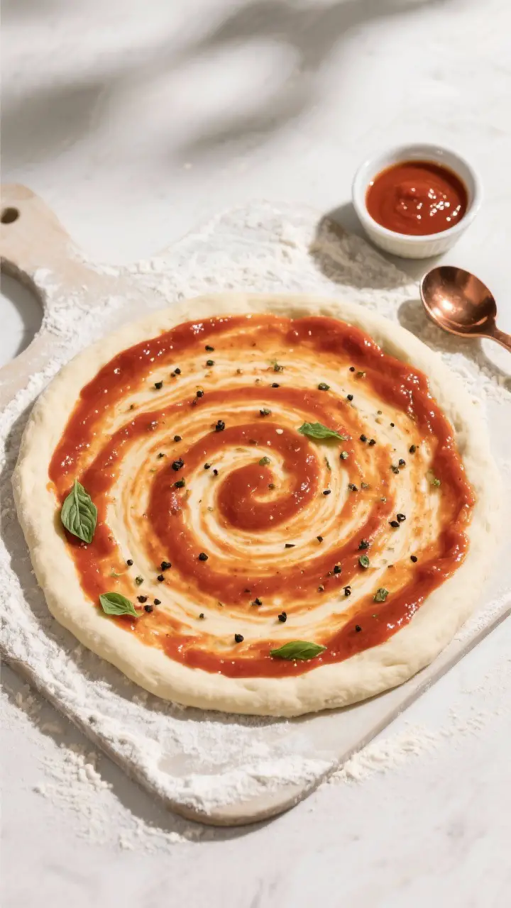 Tasty top view: Overhead shot of a just-sauced 12-inch pizza dough on a lightly floured pizza peel, 