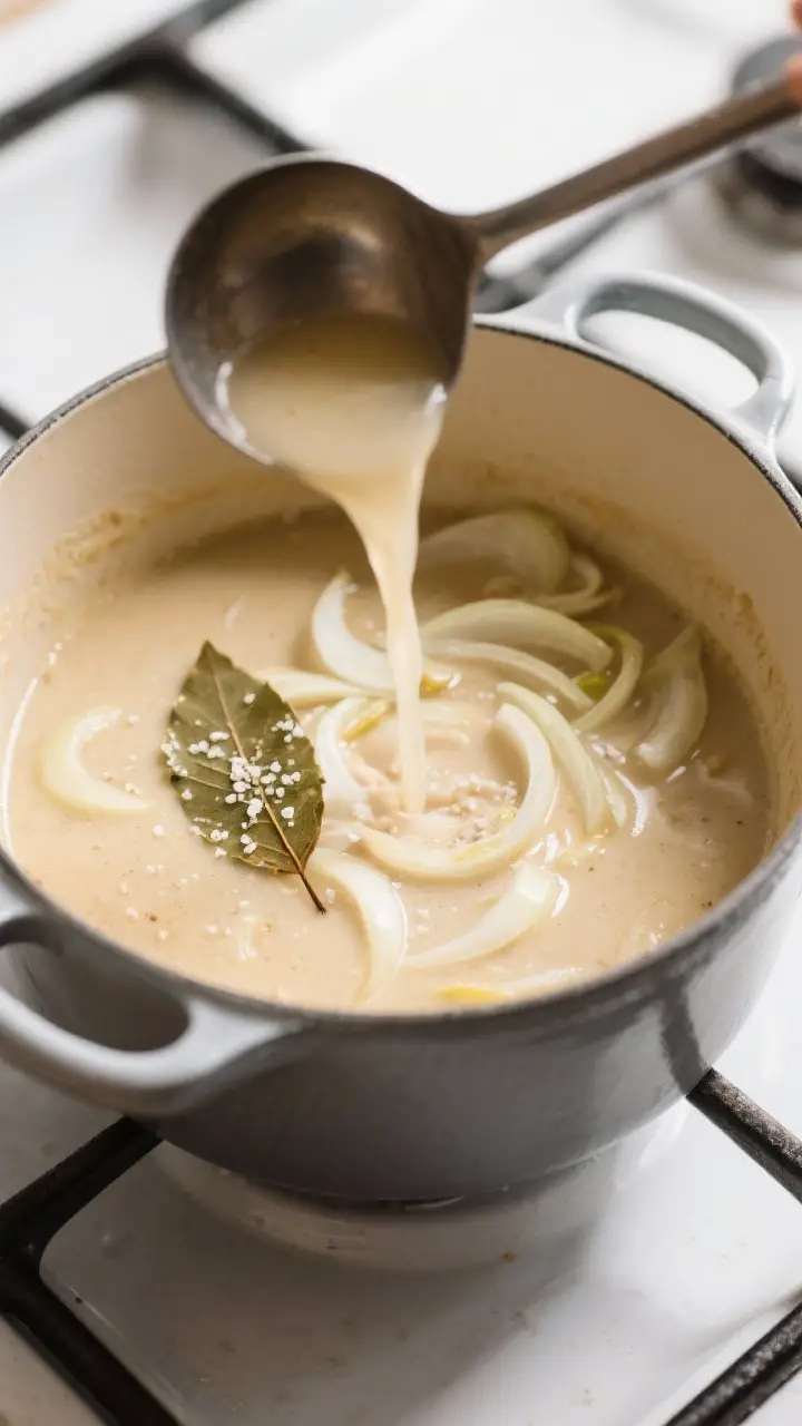 Tasty top view: Overhead shot of a ladle hovering over the pot, pouring warm chicken broth in gradua