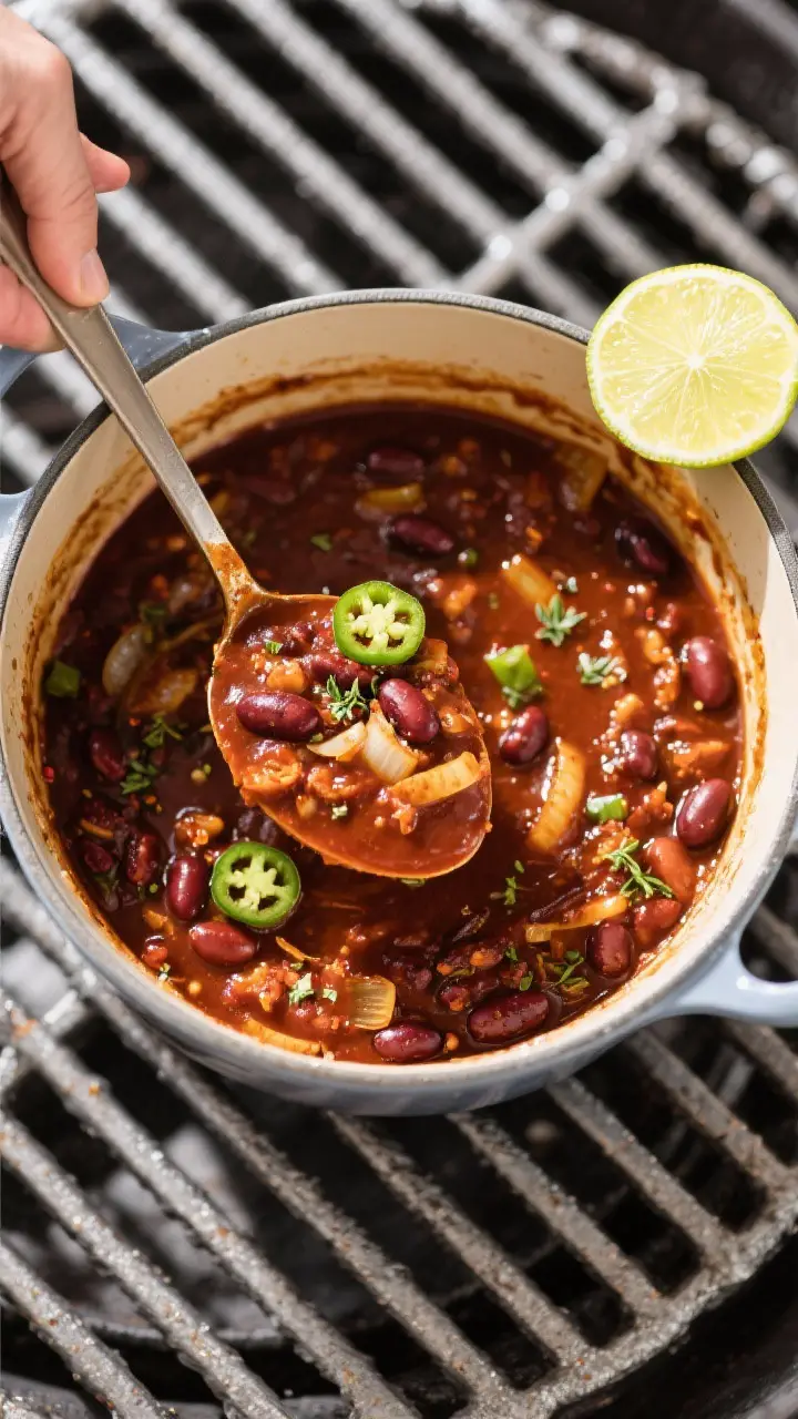 Tasty top view: Overhead shot of a ladle scooping thick, finished smoked chili from the pot—dense,