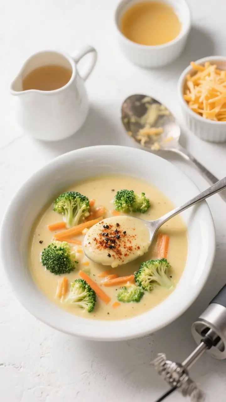 Tasty top view: Overhead shot of a ladled serving of broccoli cheddar soup in a matte white bowl, sh