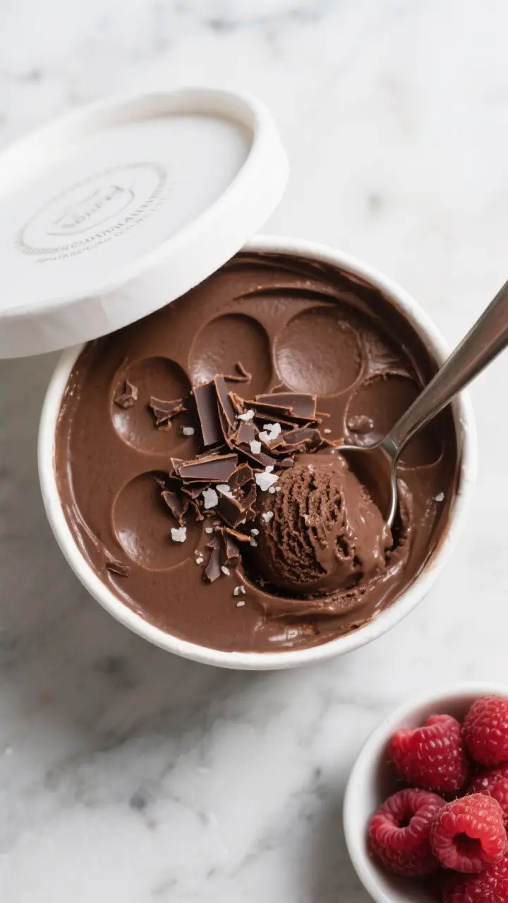 Tasty top view: Overhead shot of a lidded, shallow container of fully set Decadent Dark Chocolate Ic