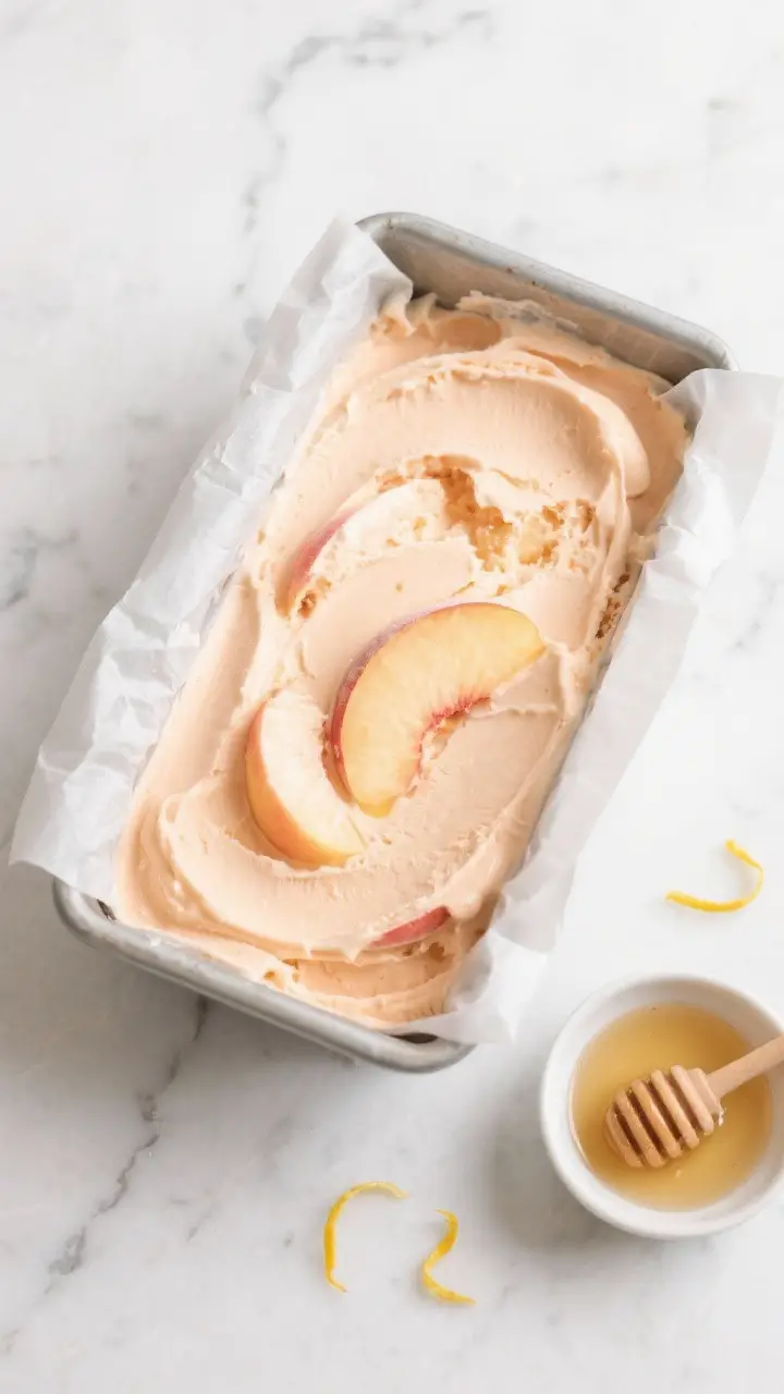 Tasty top view: Overhead shot of a loaf pan filled with no-churn peach ice cream just set, parchment