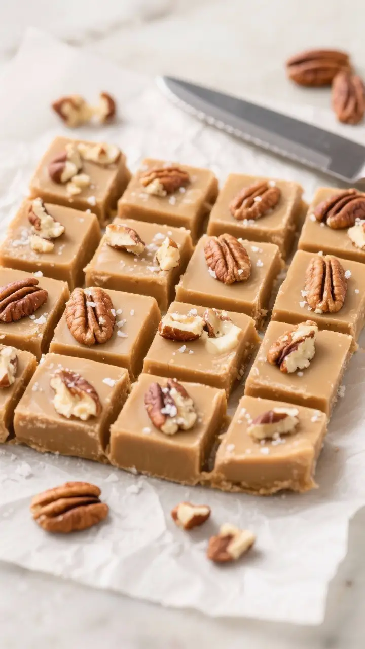 Tasty top view: Overhead shot of a neat grid of chilled butter pecan fudge squares on parchment, eac