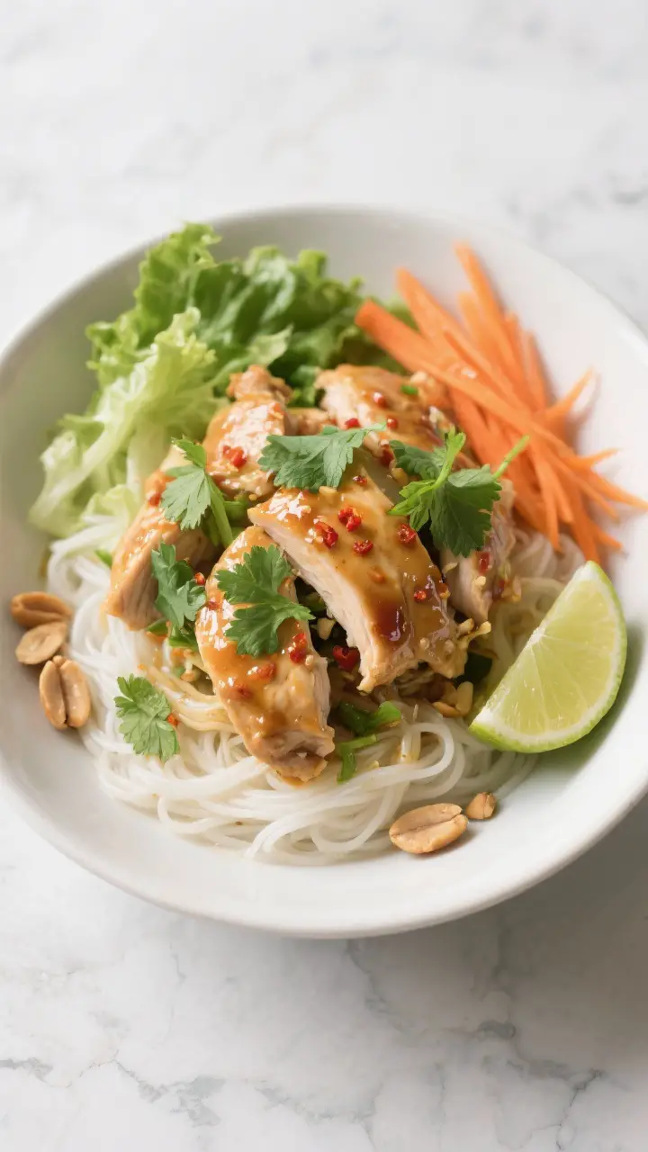 Tasty top view: Overhead shot of a noodle bowl variation—glossy cilantro Thai chicken piled over r