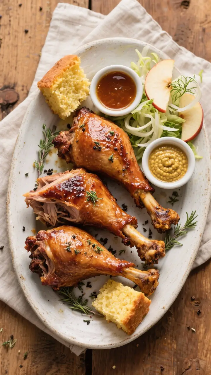 Tasty top view: Overhead shot of a rustic platter of finished smoked turkey legs (deep bronze, lacqu