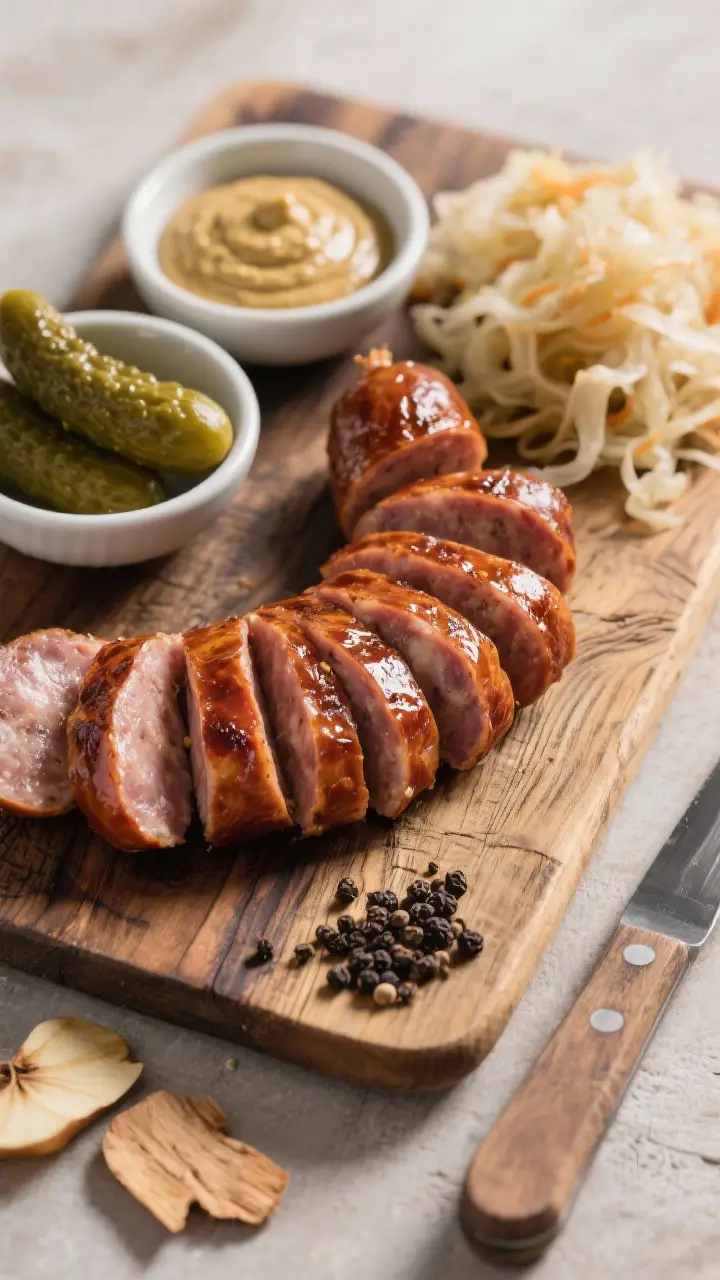 Tasty top view: Overhead shot of a rustic wooden board with sliced smoked kielbasa fanned out, showi