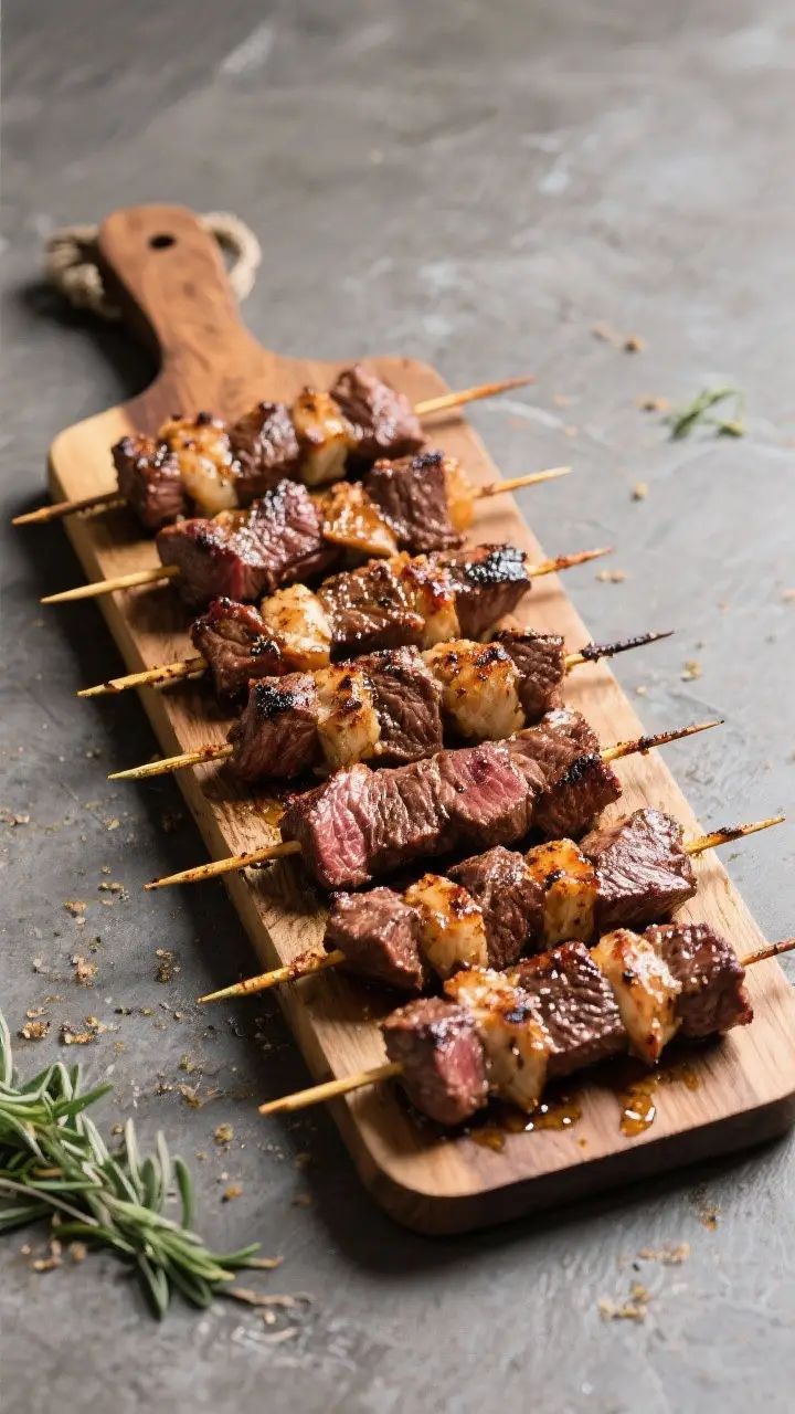 Tasty top view: Overhead shot of a serving board with multiple steak kabobs just rested, showing eve