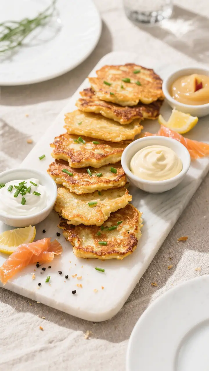 Tasty top view: Overhead shot of a serving board with an array of finished potato pancakes—uniform