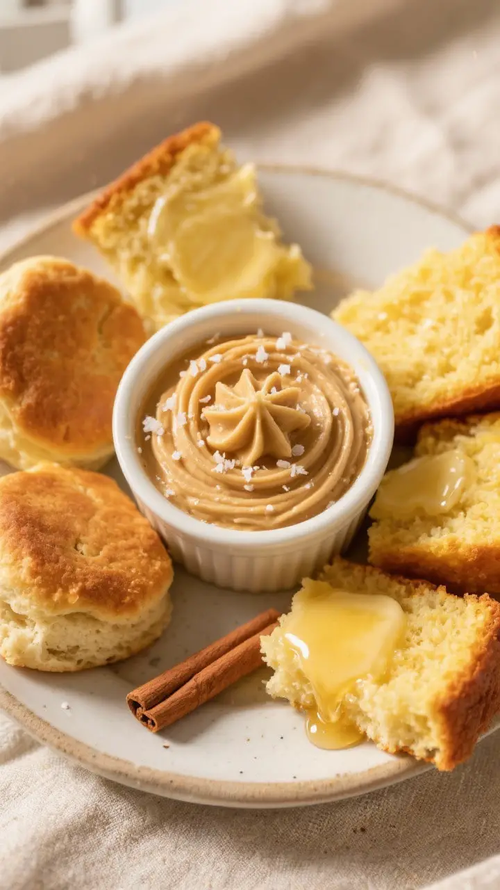 Tasty top view: overhead shot of a small ramekin of cinnamon-vanilla honey butter with a star-tip pi