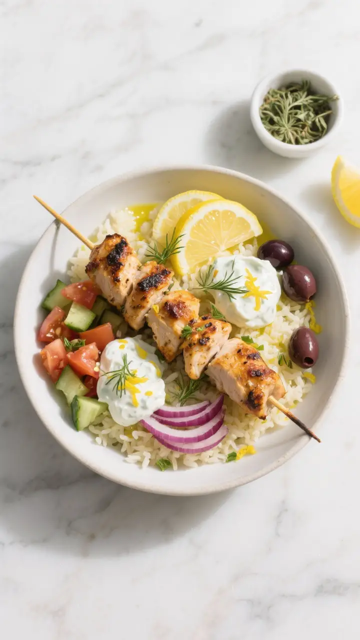 Tasty top view: Overhead shot of a souvlaki bowl-style plate—grilled chicken skewer removed and sc