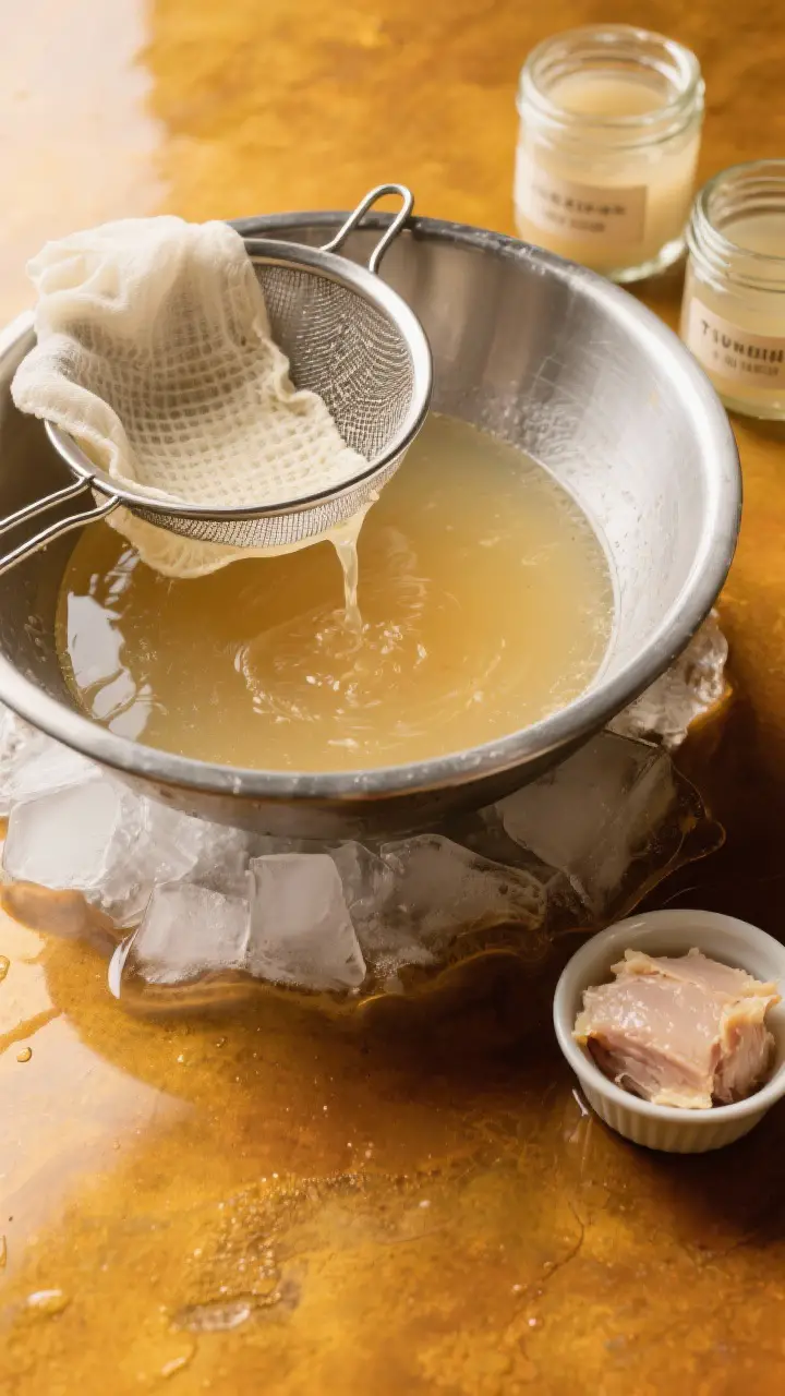 Tasty top view: Overhead shot of a strained, ultra-clear turkey stock poured into a wide stainless b