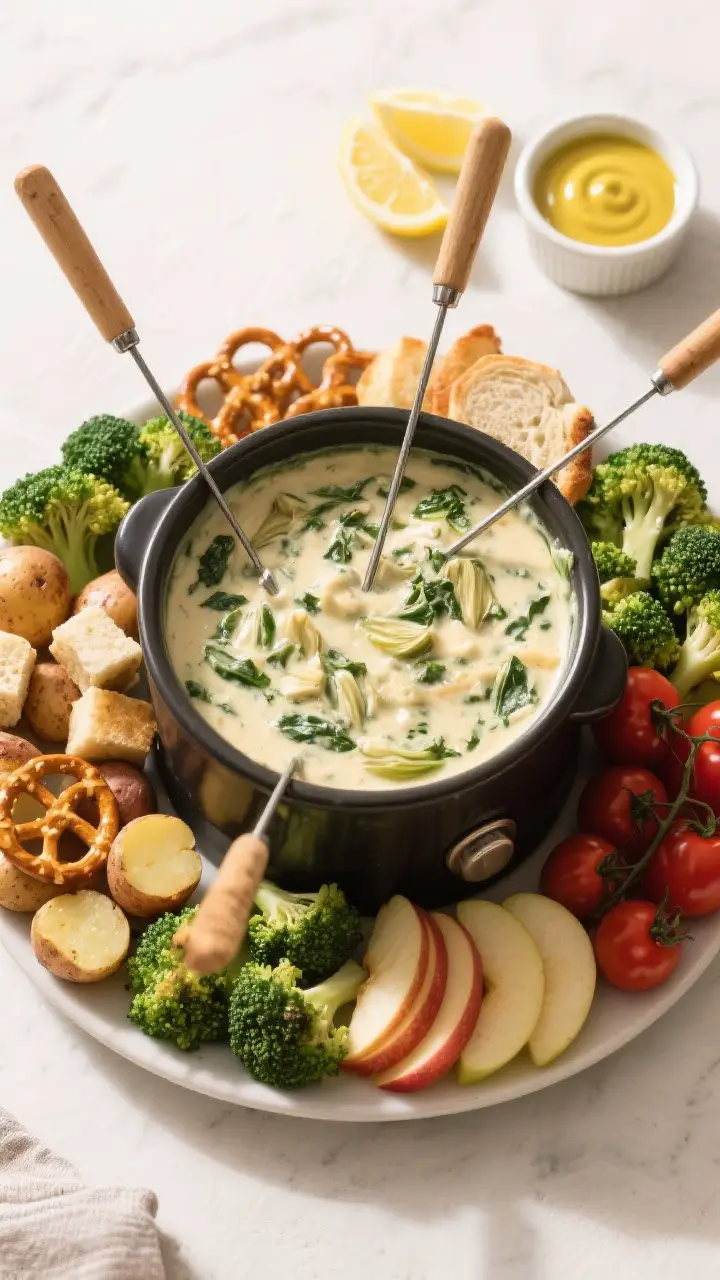 Tasty top view: Overhead shot of a warm fondue pot filled to the brim with creamy spinach artichoke 