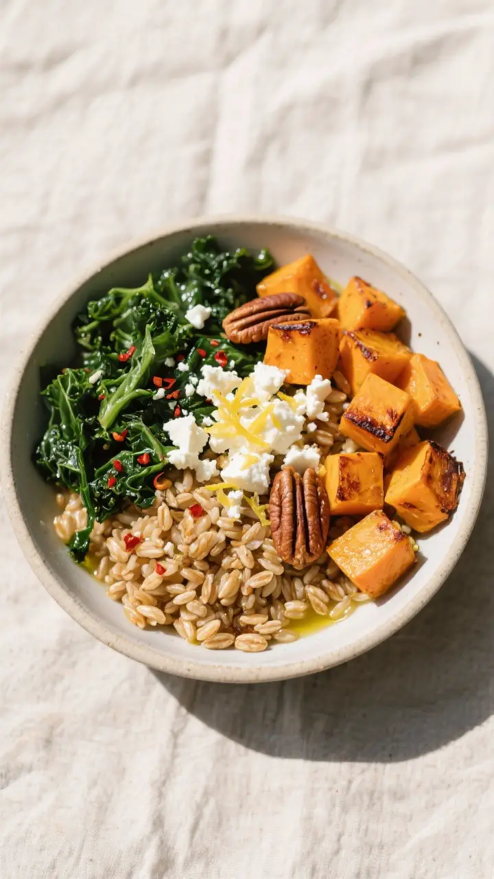 Tasty top view: Overhead shot of a warm grain bowl featuring roasted butternut squash (1-inch cubes,