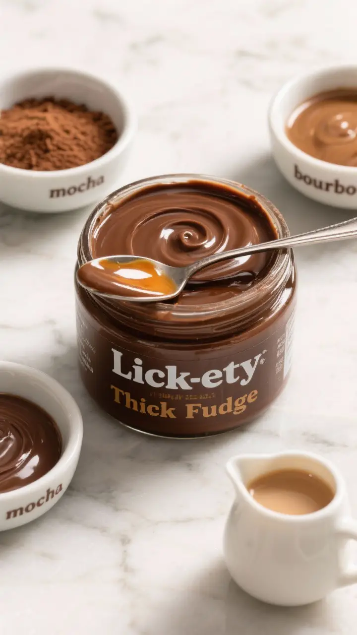Tasty top view: Overhead shot of a warm jar of Lickety Thick Fudge Sauce on a marble surface, lid of
