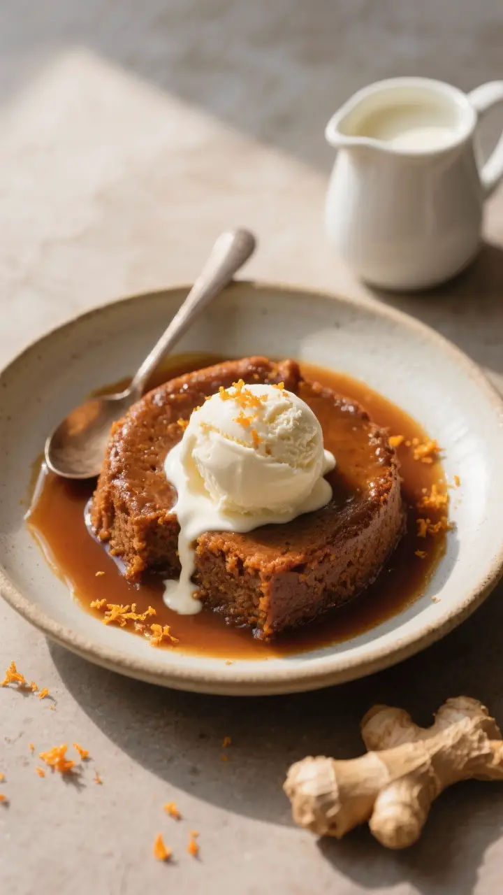 Tasty top view: Overhead shot of a warm serving of Gingeree Pudding Cake in a shallow bowl, the sauc
