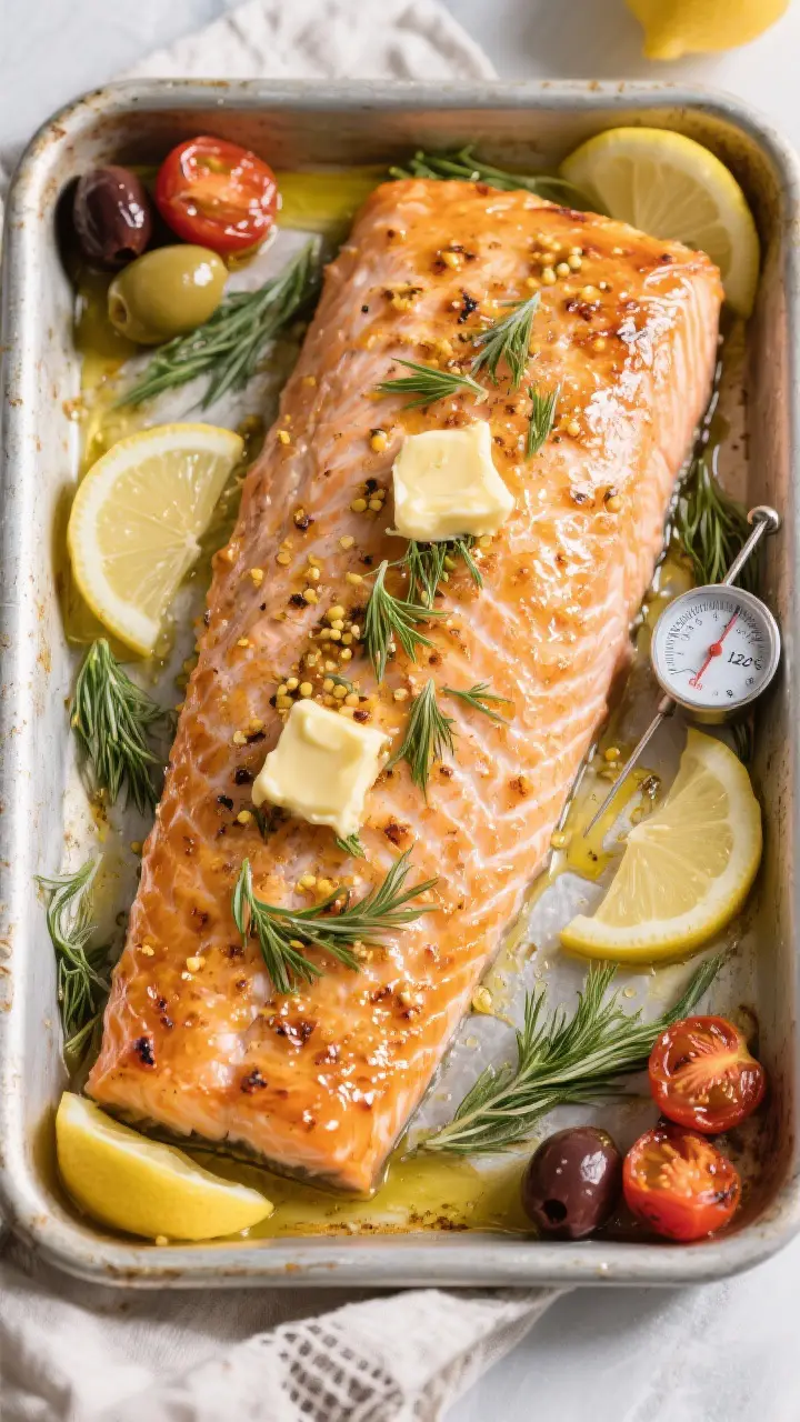 Tasty top view: Overhead shot of a whole side of the Show-Off Salmon Bake on a rimmed pan, evenly la