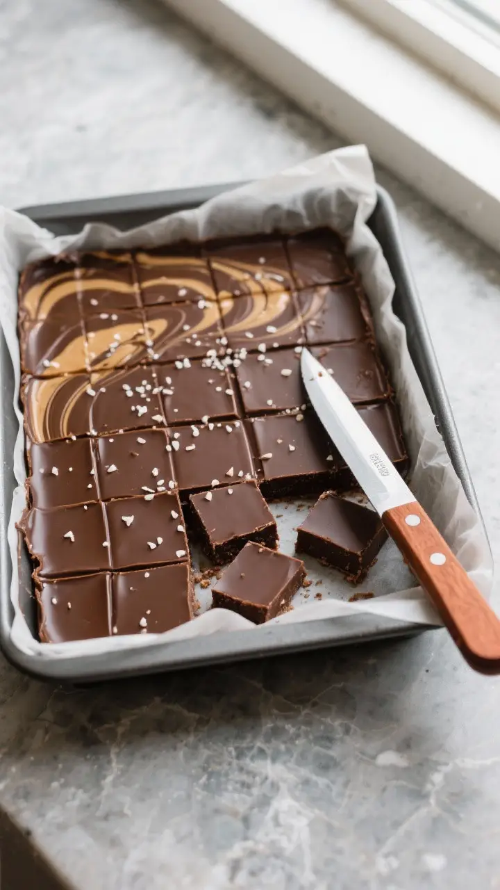 Tasty top view: Overhead shot of an 8x8 pan of set chocolate fudge lined with parchment overhang, su