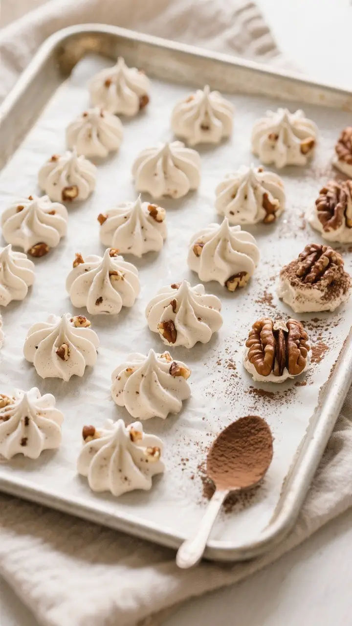 Tasty top view: Overhead shot of an assortment of Walnut Meringue Marvels arranged in neat rows on p
