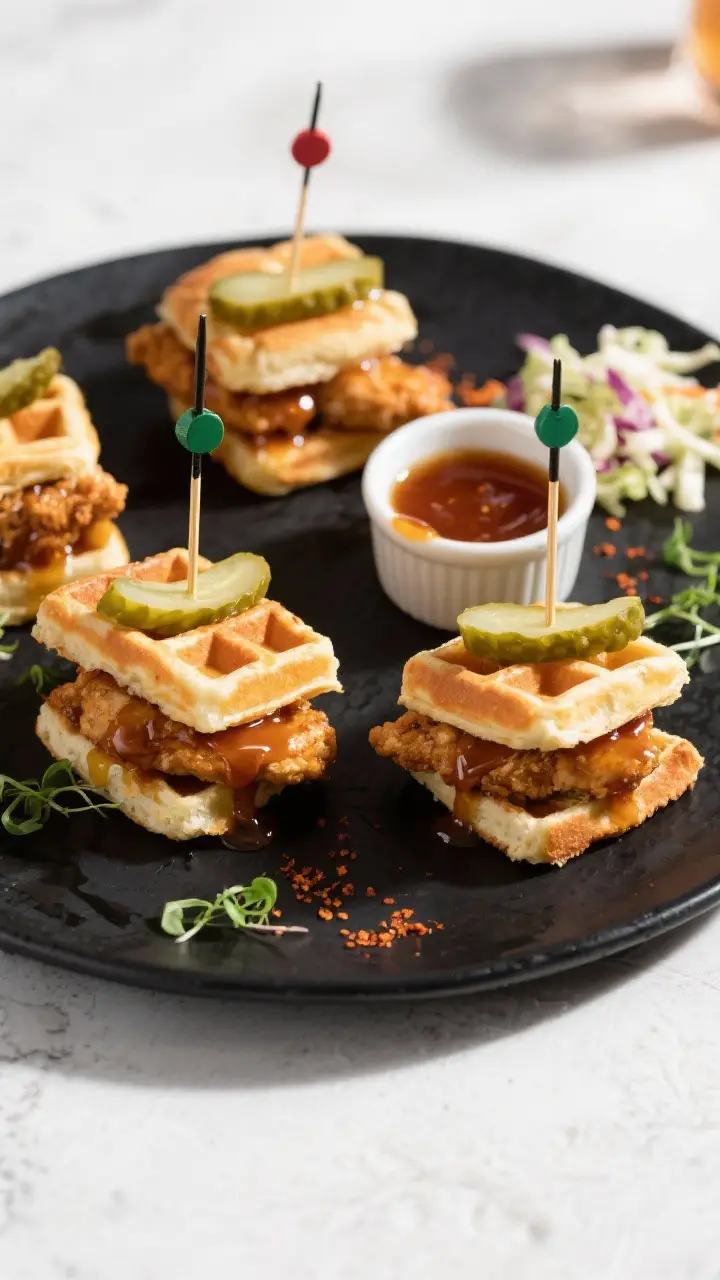 Tasty top view: Overhead shot of assembled Chicken Waffle Sliders on a matte black platter—mini bu