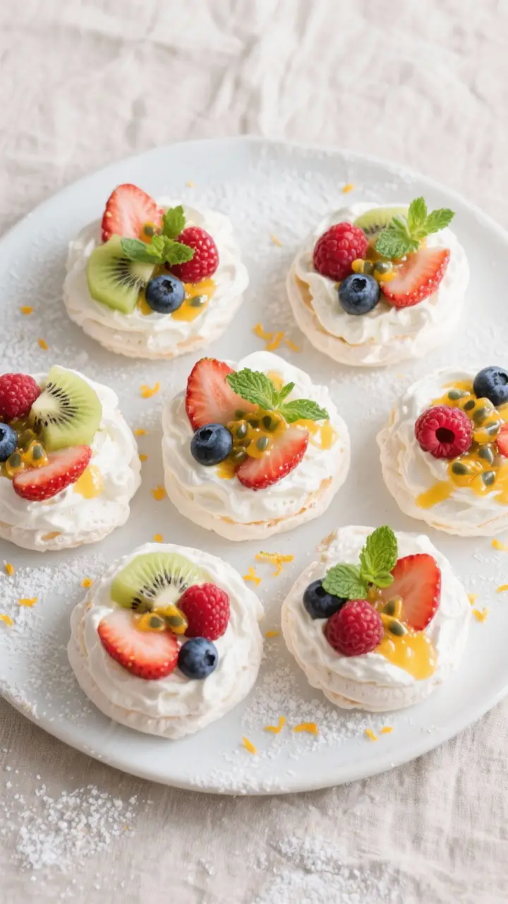 Tasty top view: Overhead shot of assembled mini pavlovas topped with soft billowy whipped cream, a j