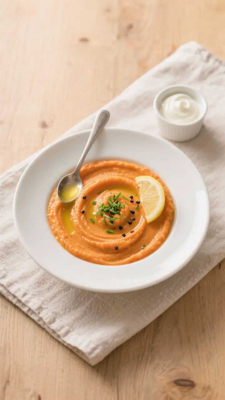 Tasty top view: Overhead shot of carrot–ginger puree served in a wide, shallow white bowl, spoonab