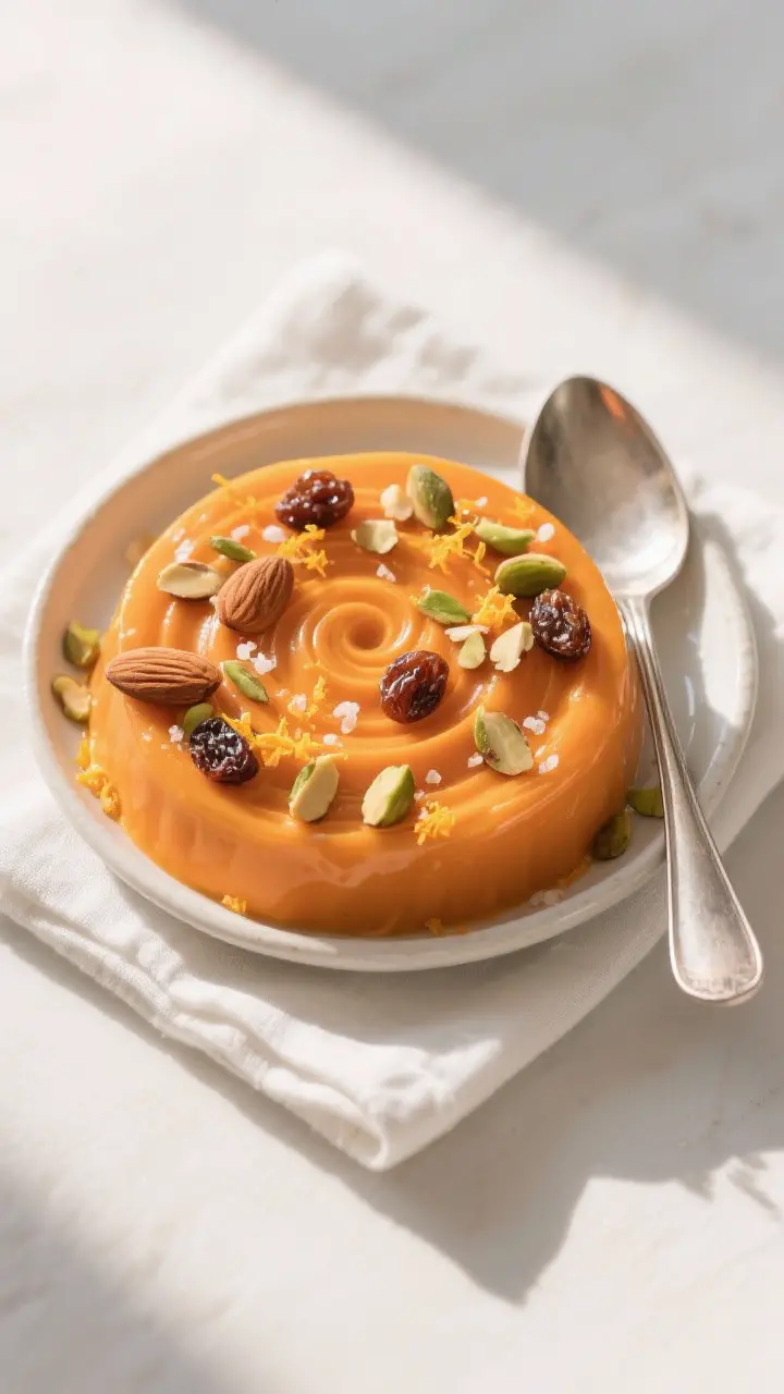 Tasty top view: Overhead shot of chilled carrot pudding set in a shallow dish, smooth, glossy surfac