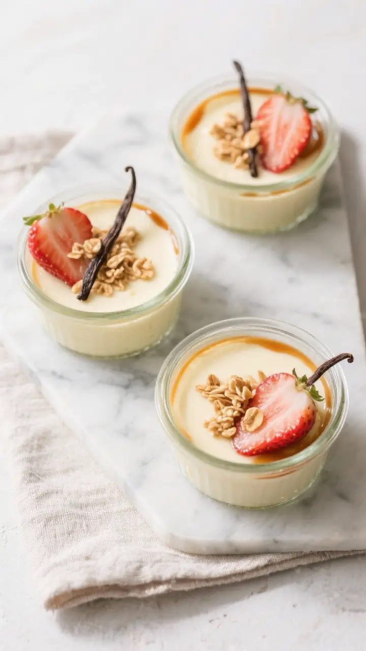 Tasty top view: Overhead shot of chilled Mix Trick Custard in small glass ramekins, ultra-smooth sur