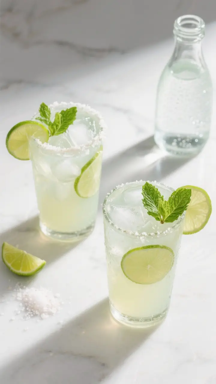 Tasty top view: Overhead shot of classic limeade poured over clinking ice in two highball glasses, g