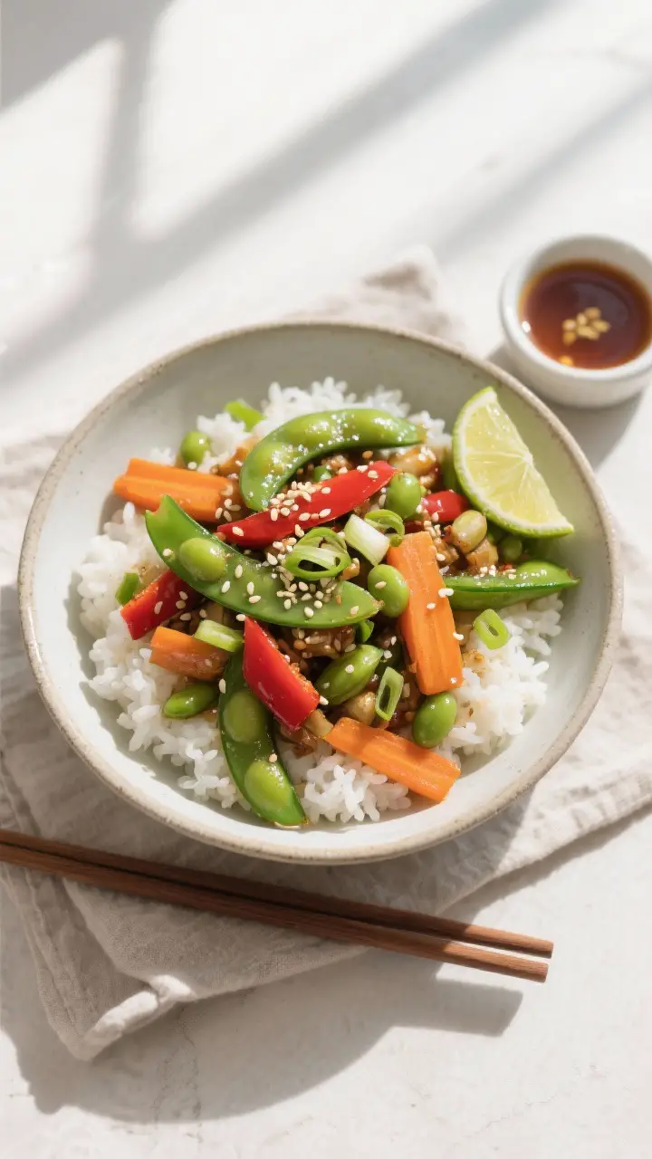 Tasty top view: Overhead shot of edamame stir fry served over fluffy white rice in a wide, shallow c