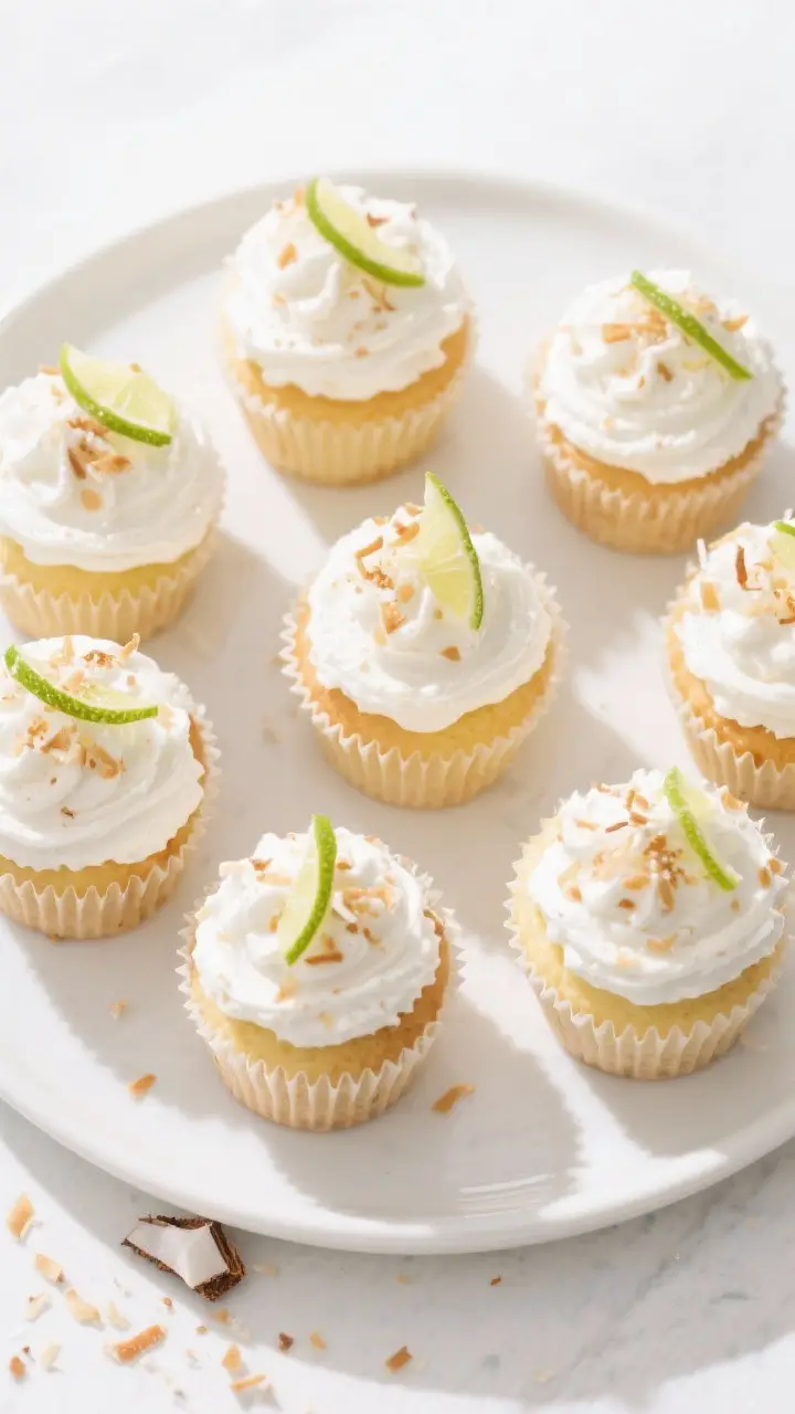 Tasty top view: Overhead shot of finished coconut cupcakes arranged on a white platter, each topped