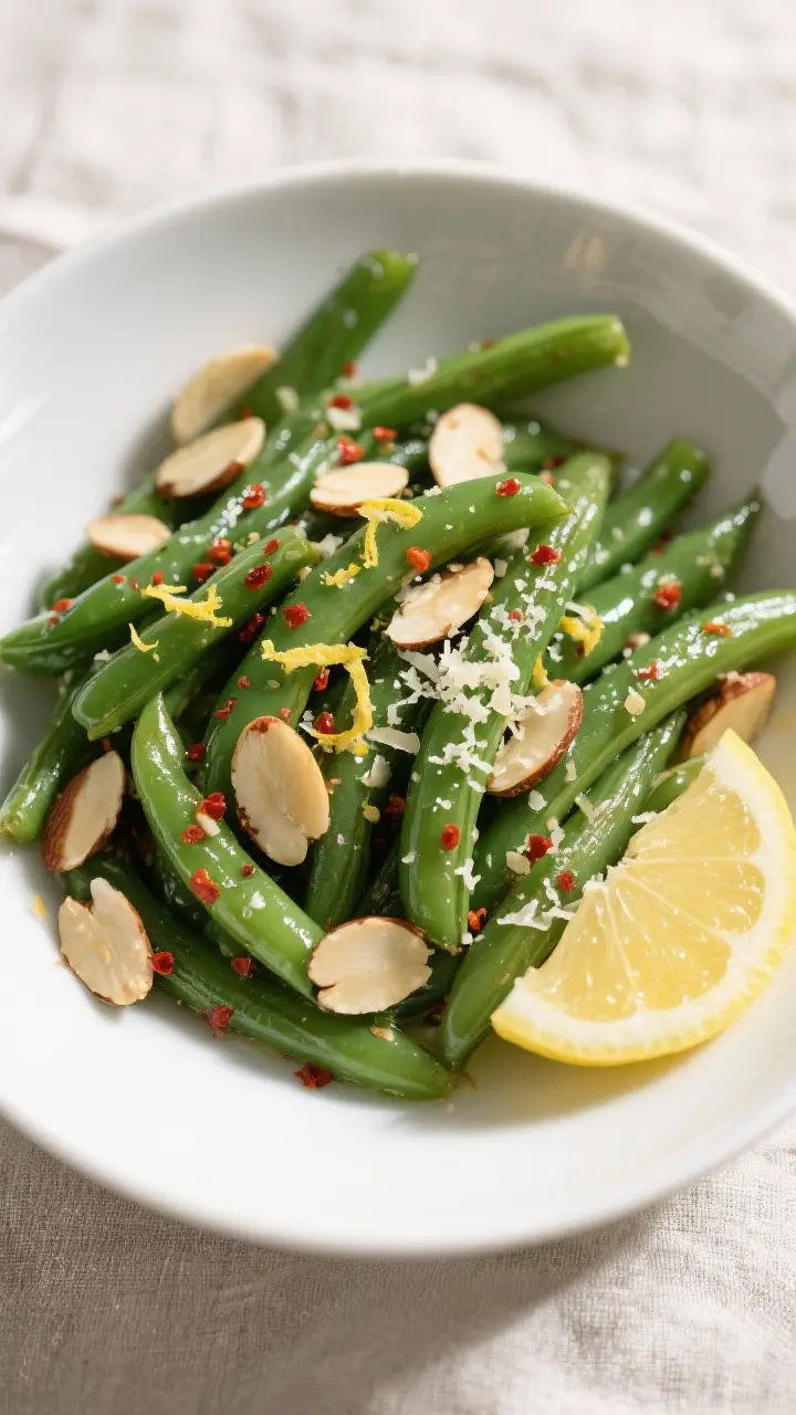 Tasty top view: Overhead shot of finished green beans Almondine—crisp-tender beans tossed with toa