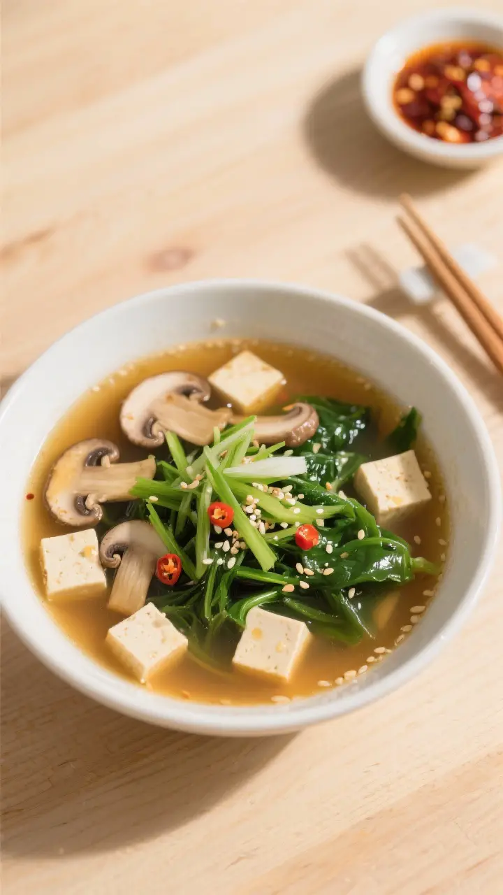 Tasty top view: Overhead shot of finished miso soup in a matte white bowl on a light wood surface—