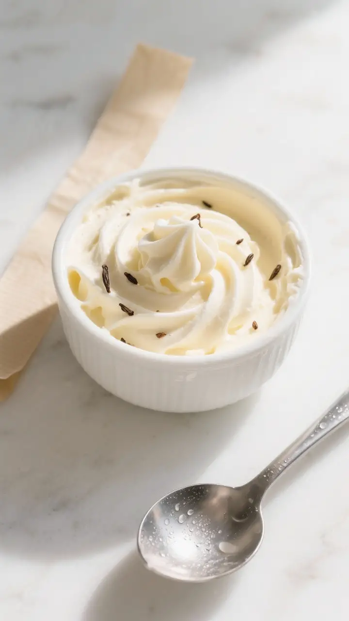Tasty top view: Overhead shot of freshly churned vanilla custard ice cream in the ice cream maker bo