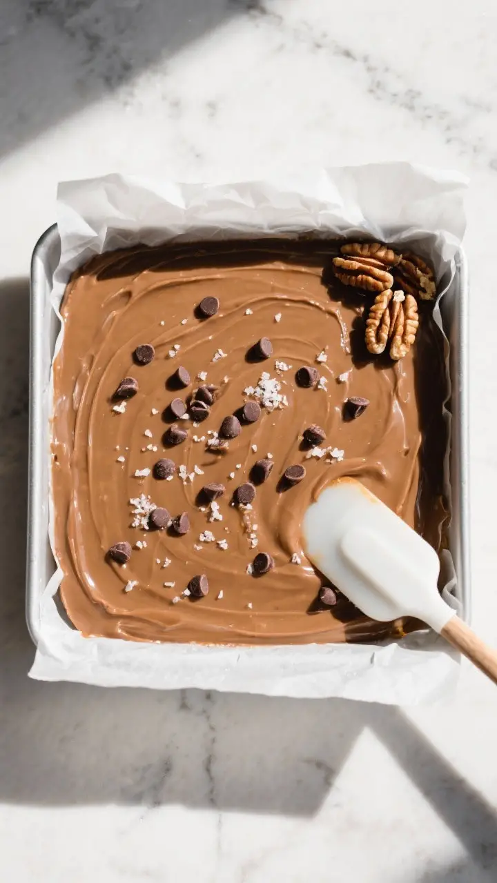 Tasty top view: Overhead shot of freshly spread old fashioned fudge in a parchment-lined 8x8 pan, su