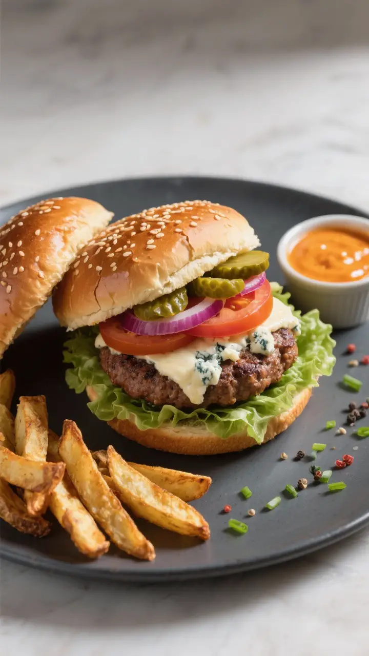 Tasty top view: Overhead shot of fully assembled Blue Cheeser on a sturdy bun, stacked with crisp le