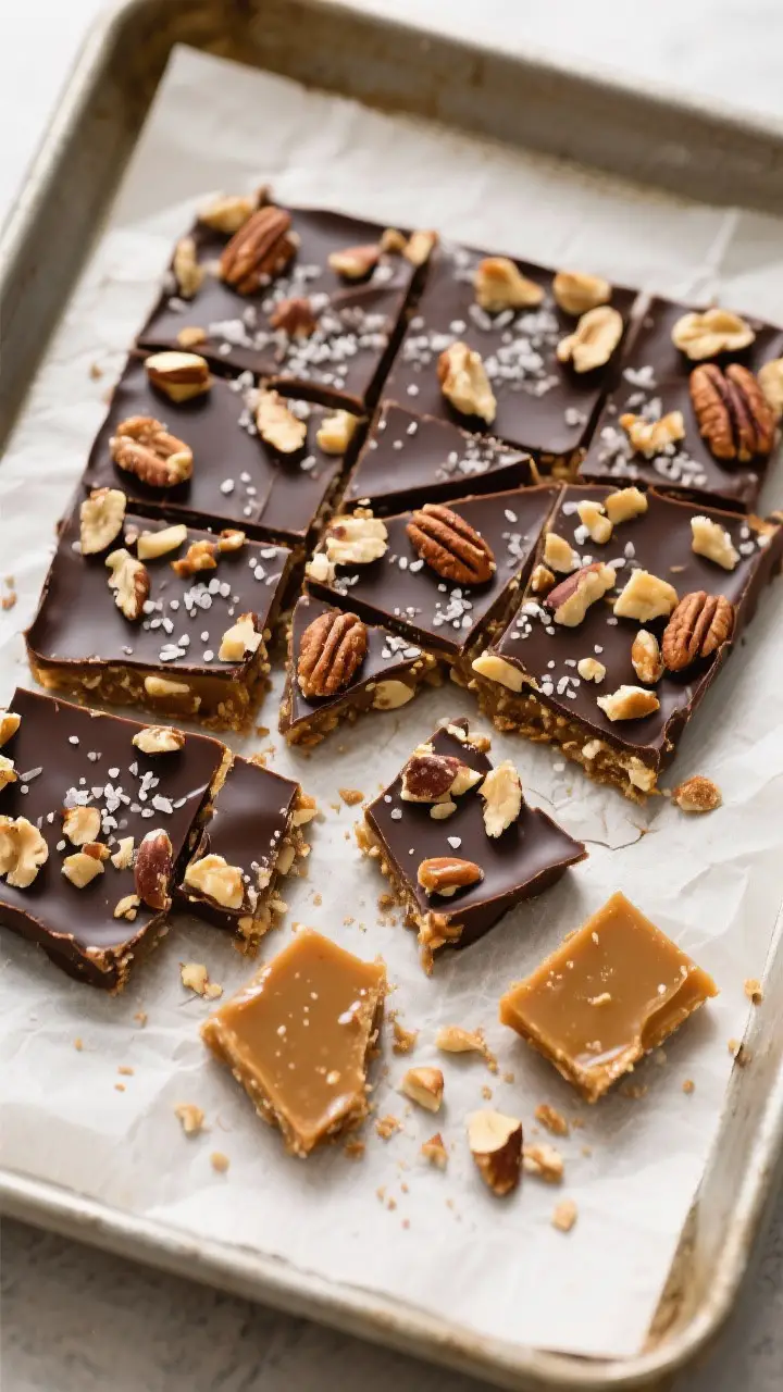 Tasty top view: Overhead shot of fully set Toffee Breaks cracked into irregular shards, a mosaic of 