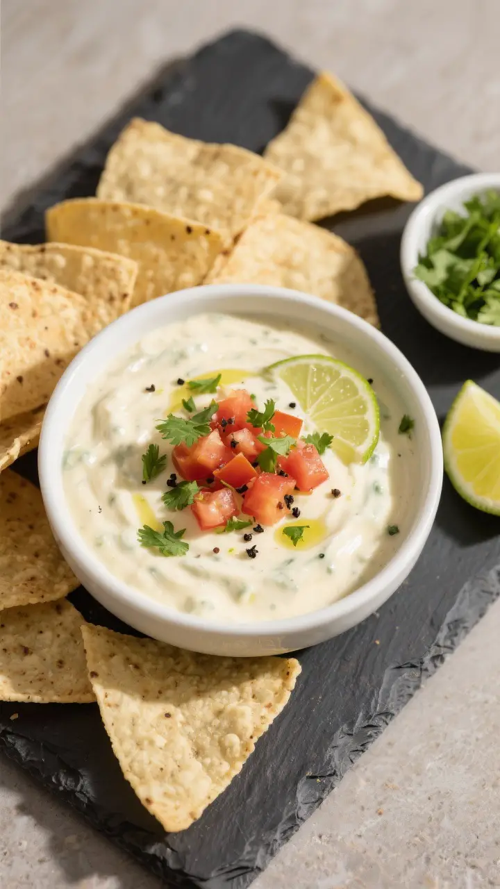Tasty top view: Overhead shot of Green Chile White Queso Dip served warm in a white ceramic bowl set